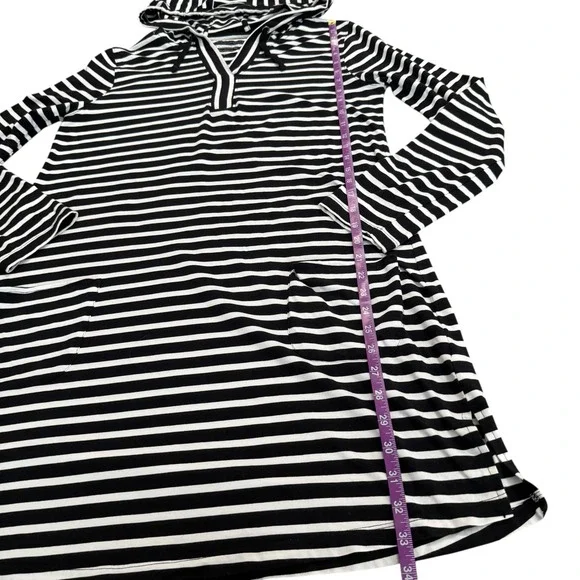 Coolibar Catalina Hoodie Cover-Up Dress Pockets Black White Stripe UPF 50 Size L - Picture 8 of 9